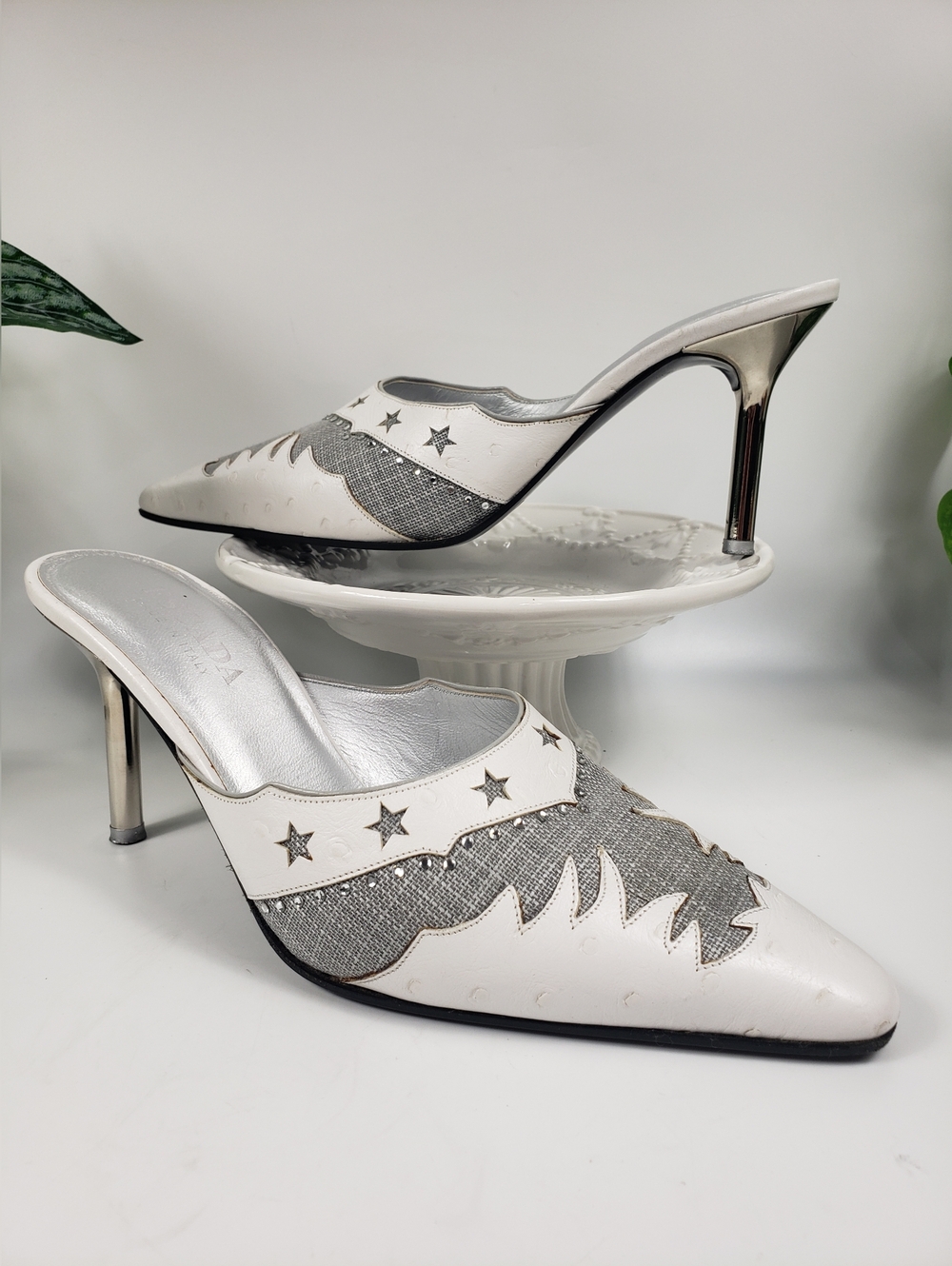 Ostrich Mule White w/ Gray Tweed - Tooled Leather Southwestern Ranch Cowgirl 8.5